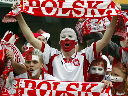 Polish fans cheer for their team ahead of their World Cup Finals match against Portugal in Chonju, June 10, 2002