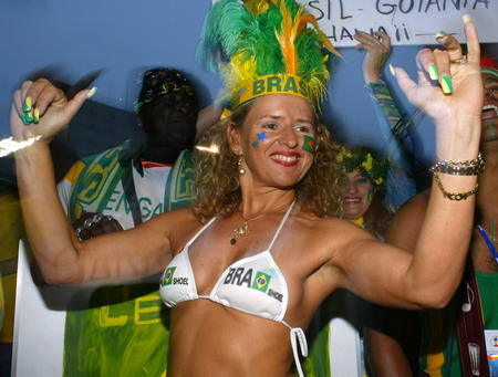 Brazilian fans party outside Saitama's stadium June 26, 2002, before Brazil play Turkey in a World Cup semi-final match.