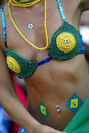 Brazil's fan with bra made in national colors waits for a World Cup quarter-final match between Brazil and England in Shizuoka June 21, 2002