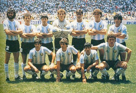 Argentina's 1986 World Cup winning team before the final. Top row from left: Batista, Cuciuffo, Olarticoechea, Pumpido, Brown, Ruggeri and Maradona. Bottom row from left: Burruchaga, Giusti, Enrique and Valdano. 