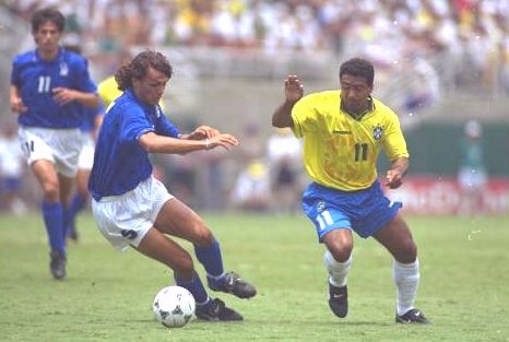 Paolo Maldini and Romario battle for possession. Romario was given little space in this final which turned out to be an anti-climax compared to many of the earlier games in this World Cup.