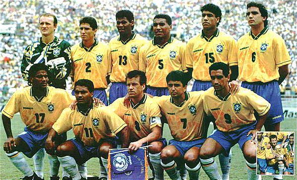 Brazil's 1994 World Cup winners. Top row from left: Taffarel, Jorginho, Aldair, Mauro Silva, Marcio Santos and Branco. Bottom row from left: Mazinho, Romario, Dunga, Bebeto and Zinho. 