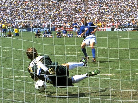 Drama in the penalty shoot-out. Taffarel saves the attempt from Massaro. Italy are in trouble.