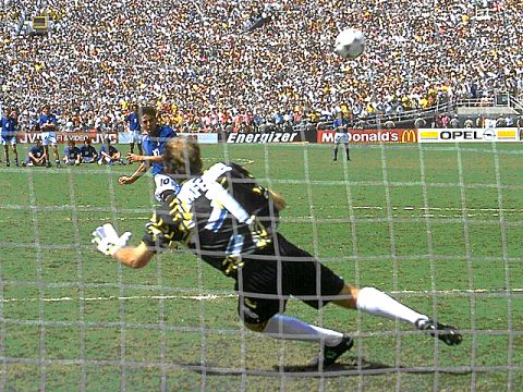 The moment of truth. Roberto Baggio fires his penalty over the bar in the shoot-out and Brazil are the new world champions. 